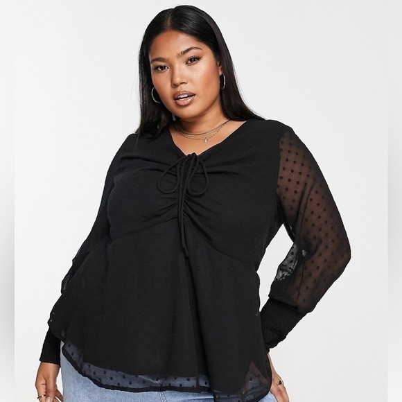 ASOS Simply Be Black Sheer Swiss Dot Long Sleeve Blouse with Ruched Front Sz 16 - Picture 6 of 6